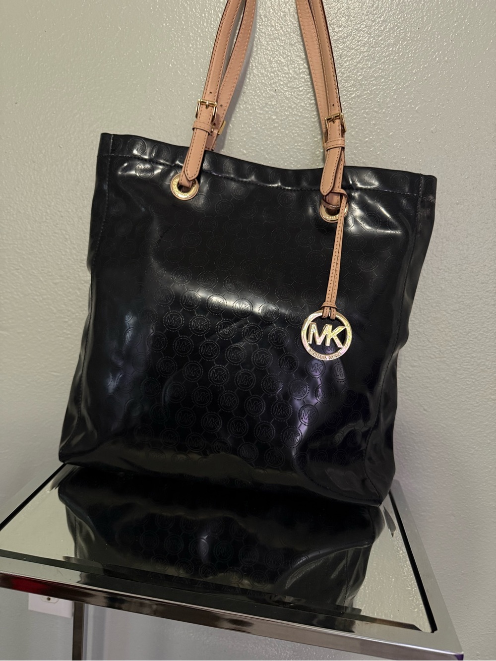 Michael Kors Jet Set Black Patent MK Logo Tote Bag Tan Leather Straps